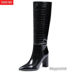 Knee High Boots Chunky Heel Wide Calf Pointed Toe Zipper Dress Shoes